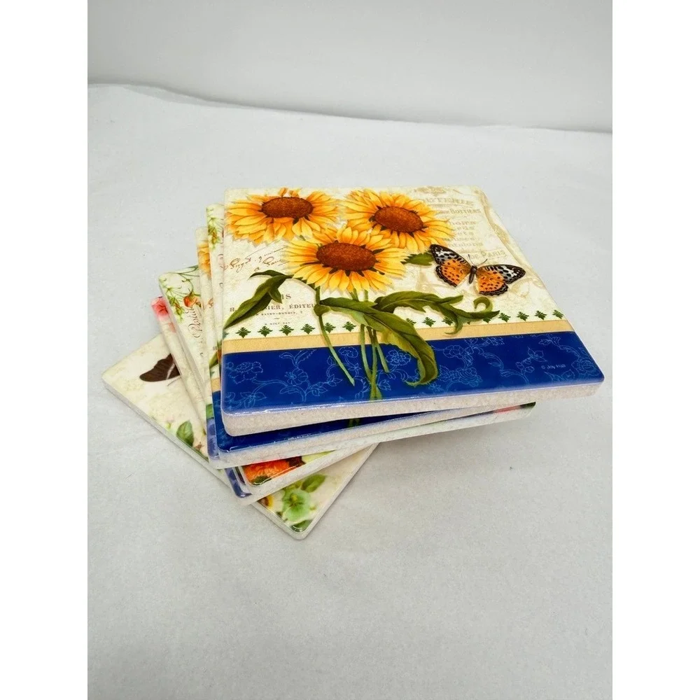 Butterfly Ceramic Coasters Floral French Cottage Country Whimsical Decor 8 Pc